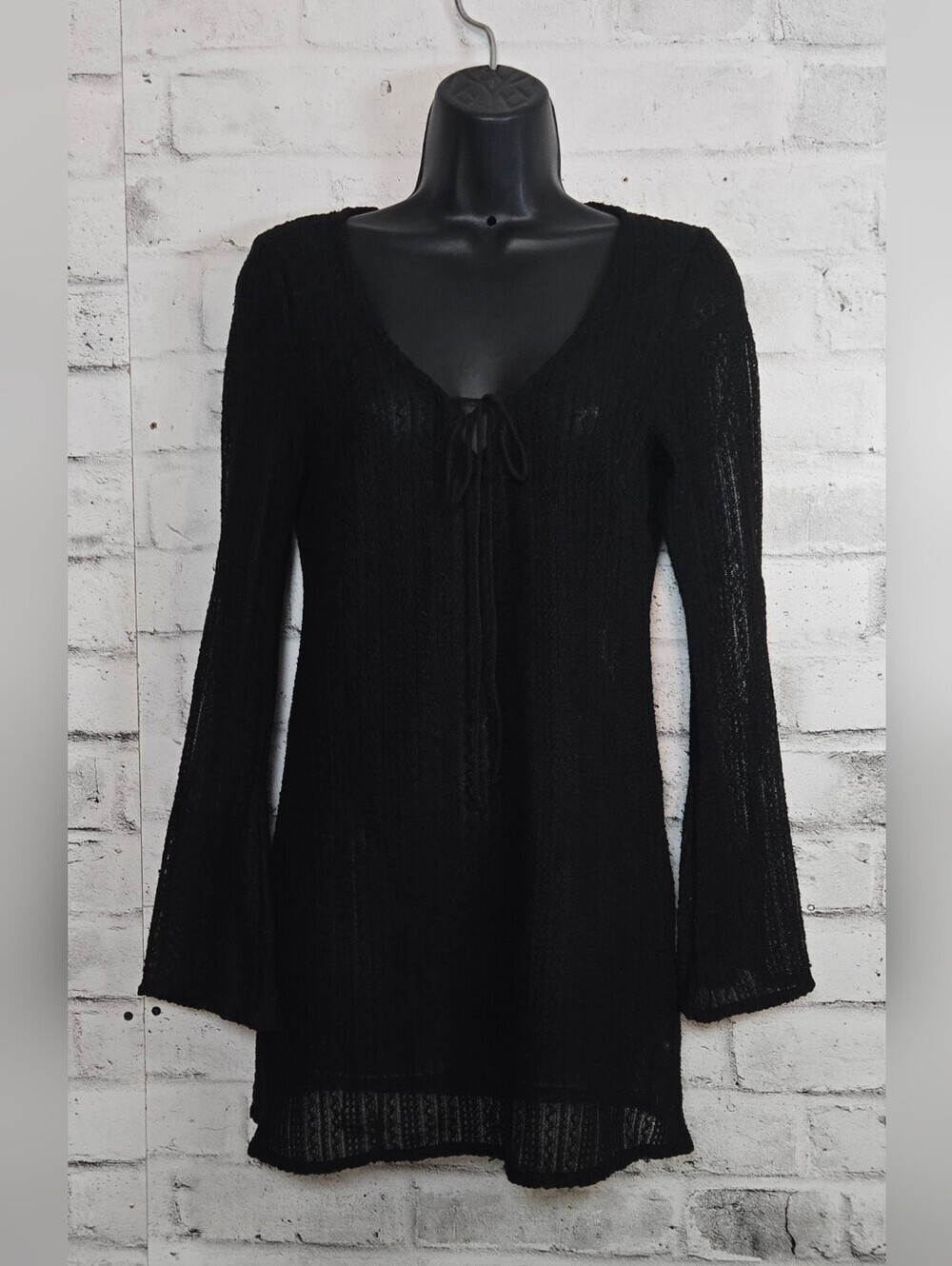 Simon’s Black Sheer Knit Tunic Bell Sleeve Tie Front Coverup SM
